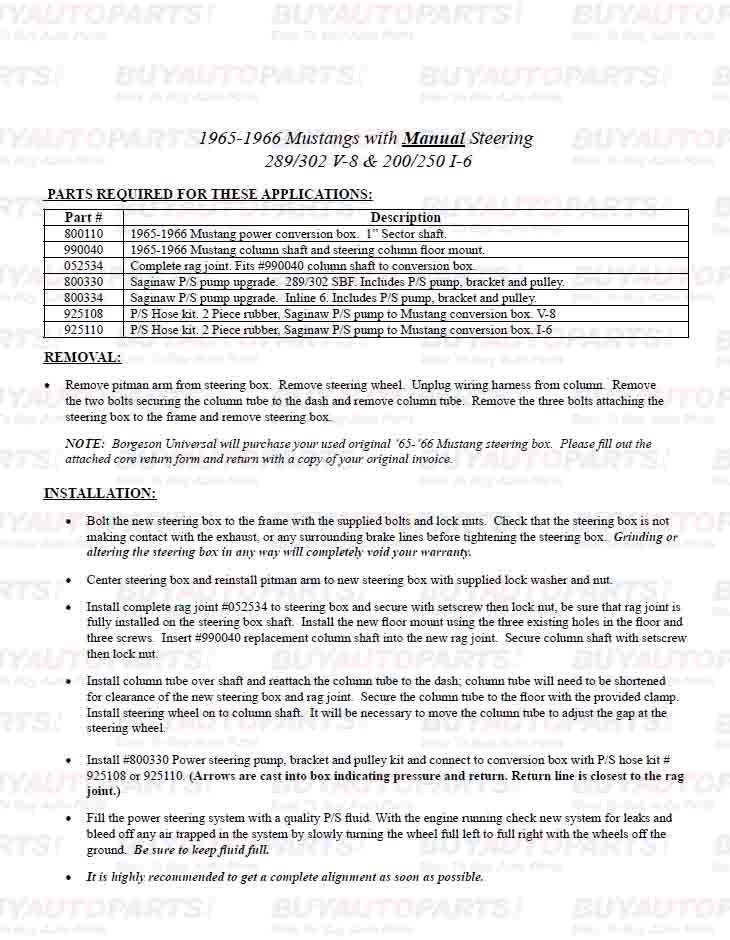 Steering Kit Install Instructions for 6566 Mustang