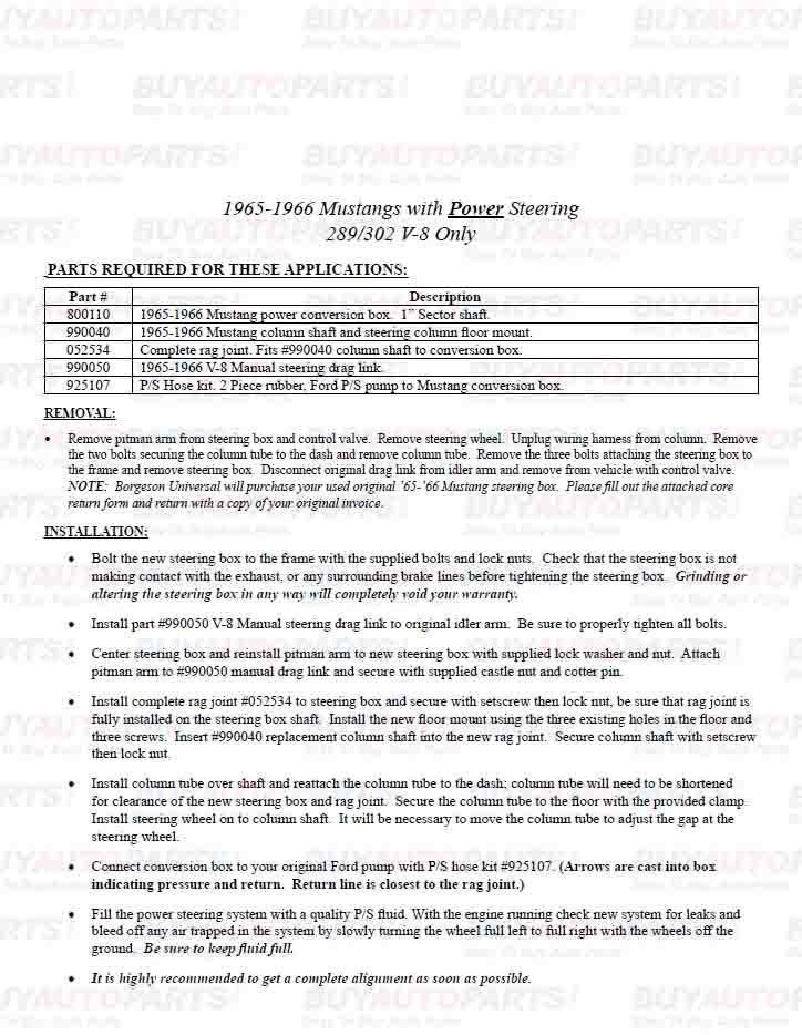 Steering Kit Install Instructions for 6566 Mustang