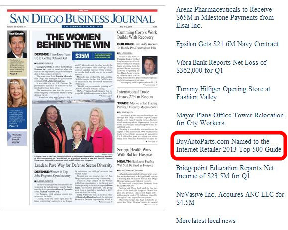 San Diego Business Journal BuyAutoParts.com Internet Retailer's Top 500 Guide