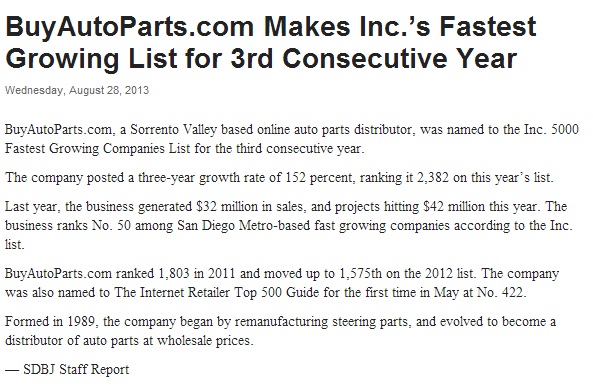 San Diego Business Journal BuyAutoParts.com Internet Retailer's Top 500 Guide