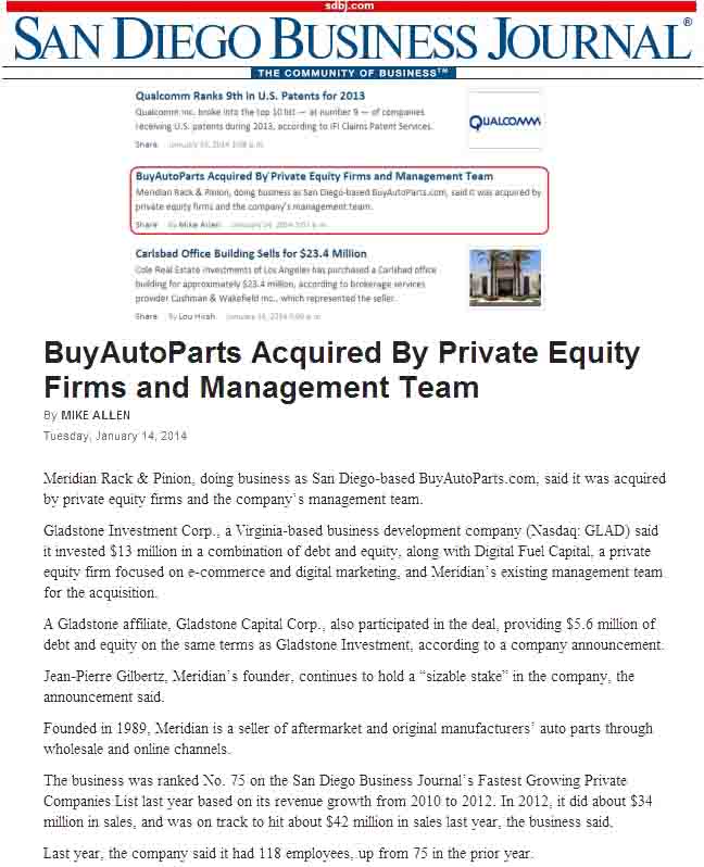 San Diego Business Journal BuyAutoParts.com Acquired by private equity firms and management team