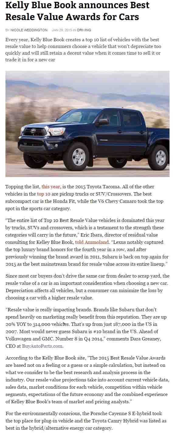 Digital Journal: Kelly Blue Book announces Best Resale Value Awards for Cars Full Article