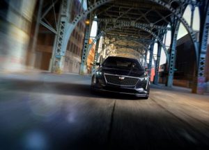 Cadillac CT6 V-Sport driving under a bridge at the 2019 Detroit Auto Show