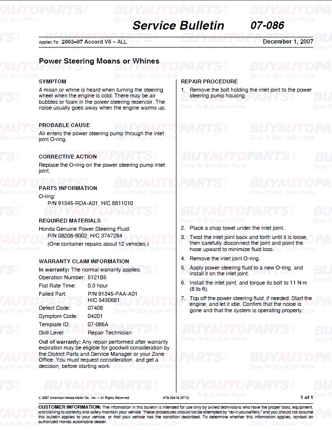 Honda Accord Steering System Moan