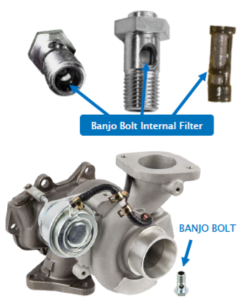 Turbocharger with labeled parts including banjo bolt and internal filter