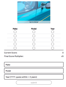 Cardle car game interface with car image and input fields for make, model, and year.