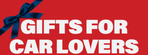 Gifts for car lovers text with a blue ribbon on a red background.