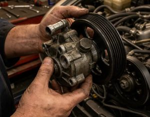 Mechanic's hands holding a dirty power steering pump