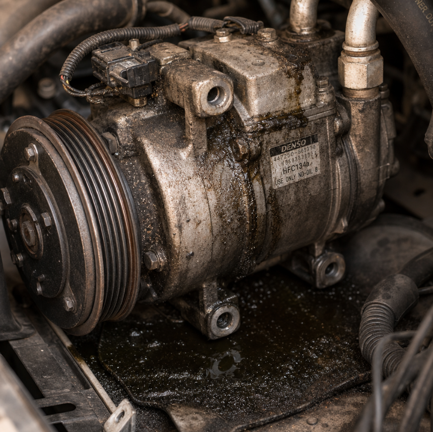 Leaking AC compressor with DENSO label a sign of failing car AC system