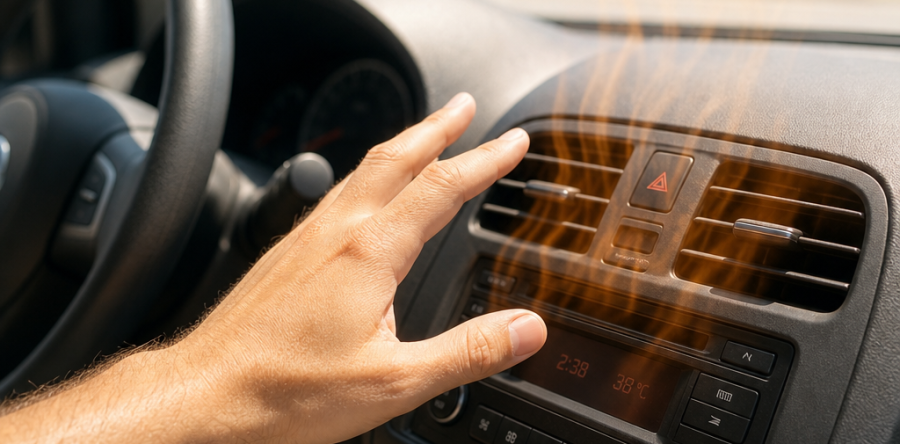 Hand near hot car AC vent, showing 38°C, a failing AC compressor sign.