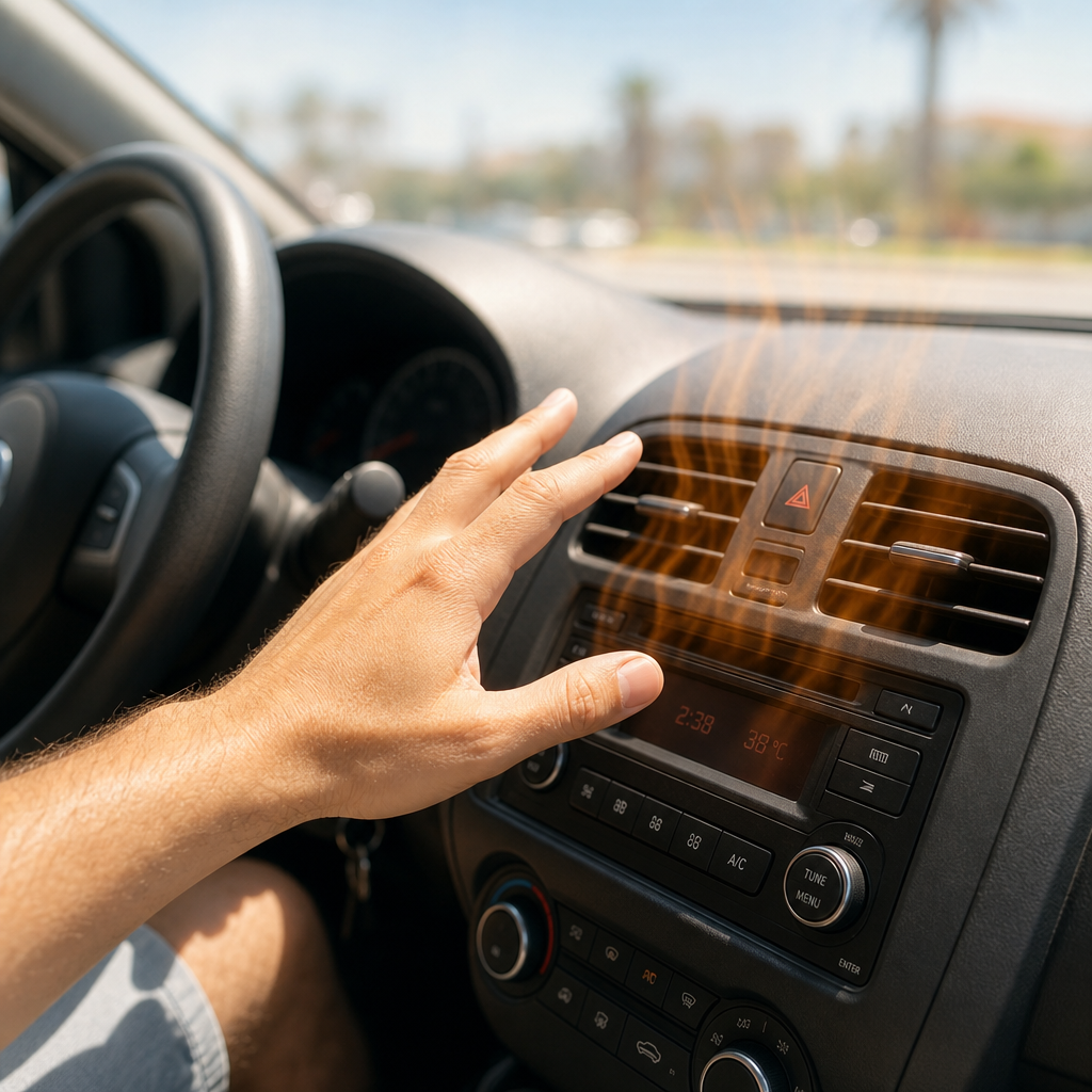 Hand near hot car AC vent, showing 38°C, a failing AC compressor sign.