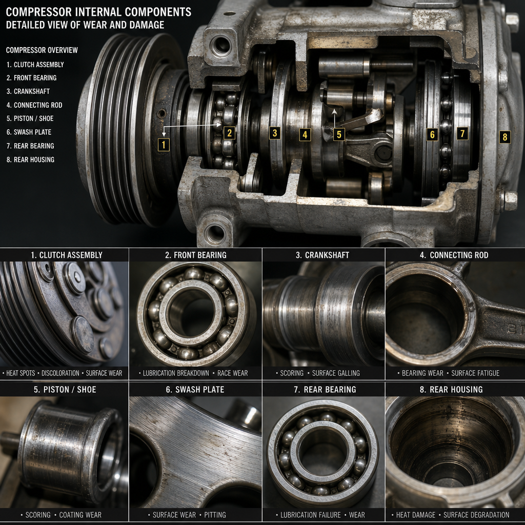 AC compressor internal parts: clutch, bearings, crankshaft, connecting rod, piston, swash plate, housing.