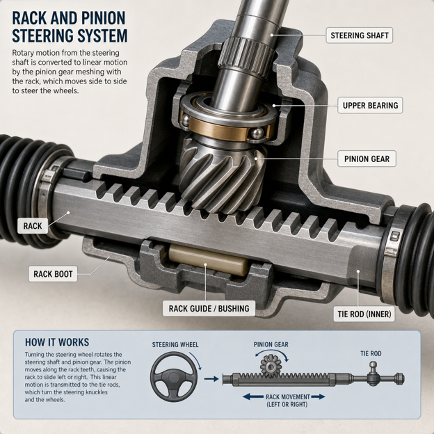Cross-section of a rack and pinion steering system, showing gears and tie rod