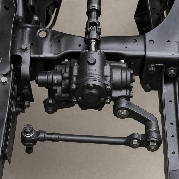 Close-up of a vehicle's steering gear box and linkage system.