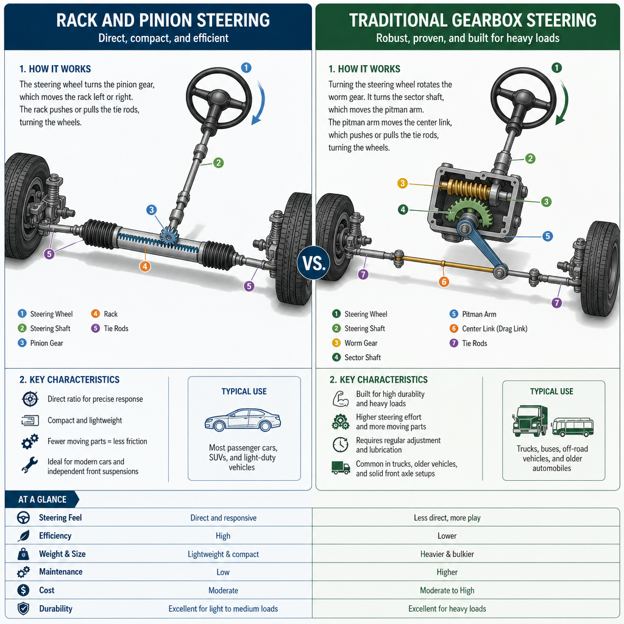Rack and pinion steering vs. traditional gearbox steering comparison chart