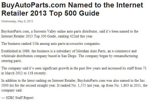 San Diego Business Journal BuyAutoParts.com Internet Retailer's Top 500 Guide