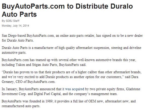 San Diego Business Journal BuyAutoParts.com To Distribute Duralo